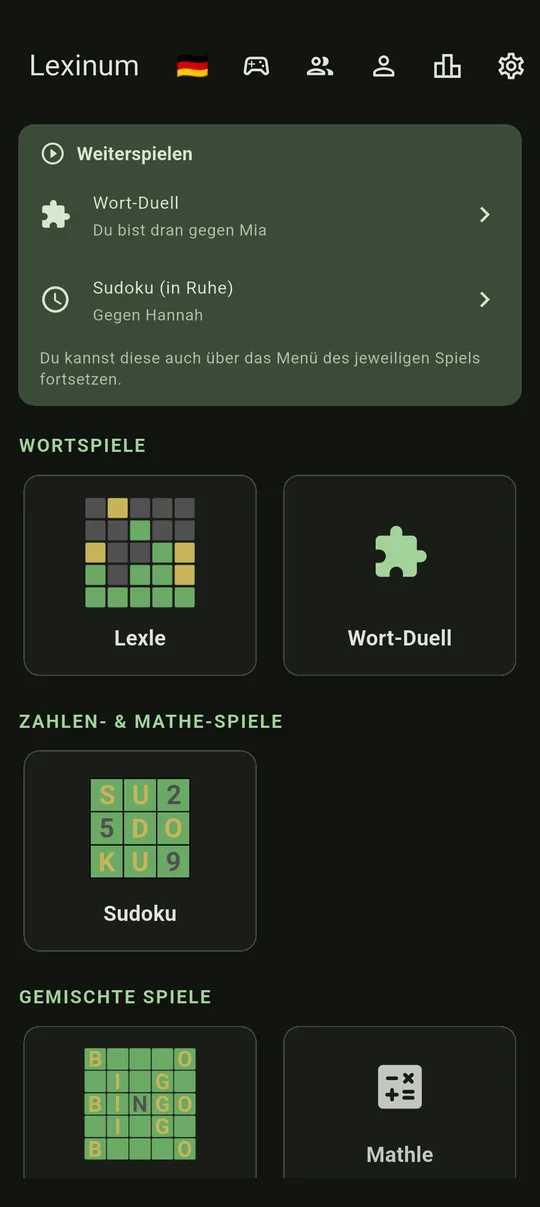 Der Startbildschirm von Lexinum mit Lexle, Wort-Duell, Sudoku und Bingo