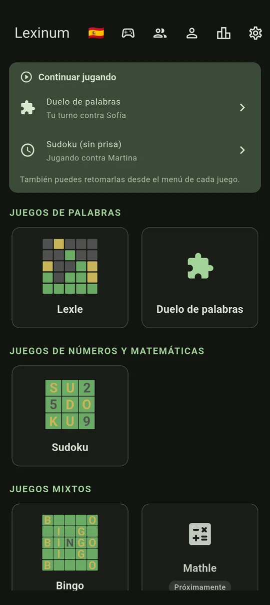La pantalla de inicio de Lexinum con Lexle, Duelo de palabras, Sudoku y Bingo