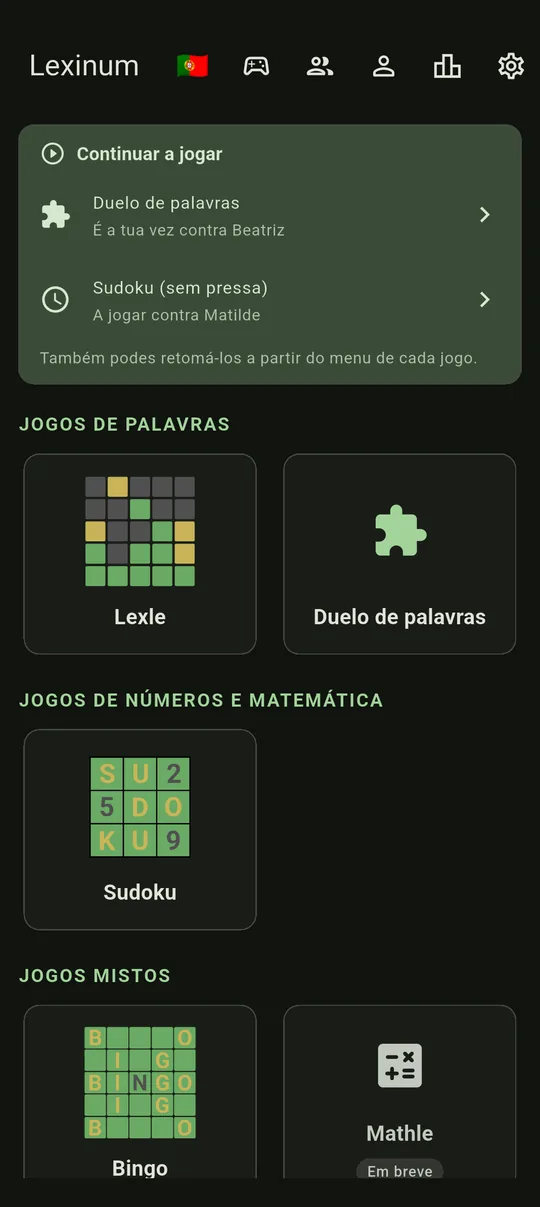 O ecrã inicial do Lexinum com Lexle, Duelo de palavras, Sudoku e Bingo