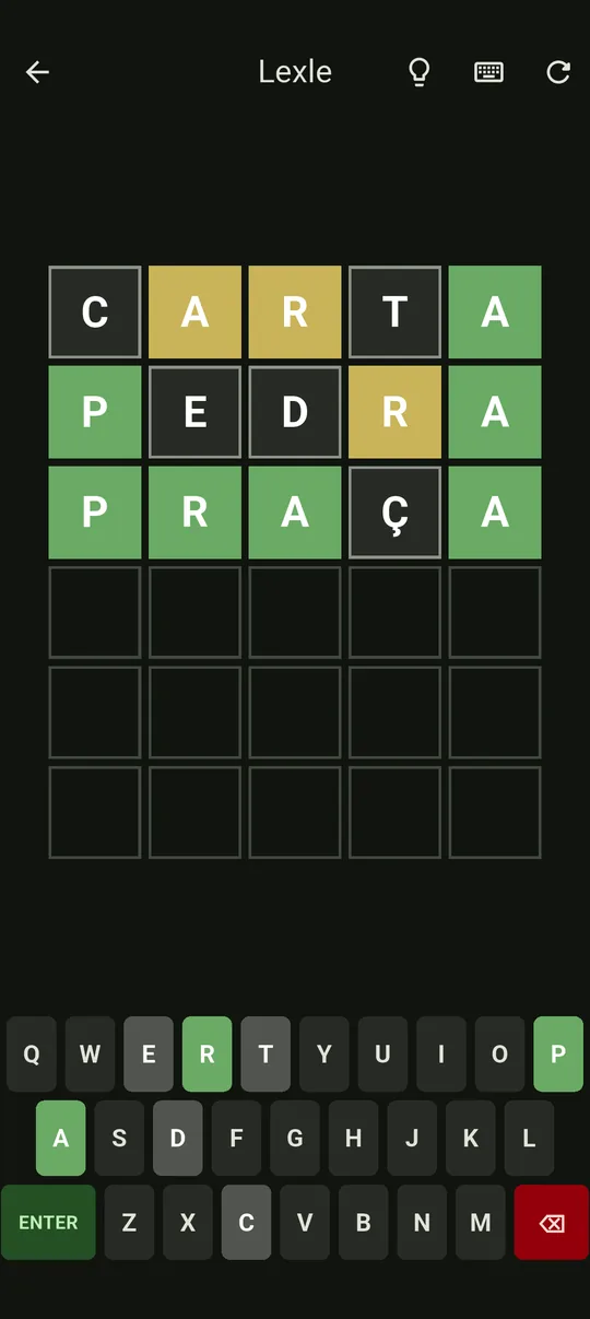 Um jogo de Lexle a decorrer, com quadrados de letras verdes e amarelos