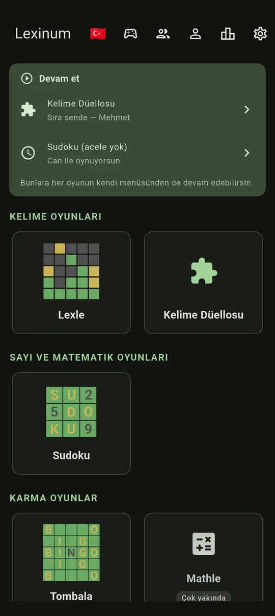 Lexle, Kelime Düellosu, Sudoku ve Tombala'nın yer aldığı Lexinum ana ekranı